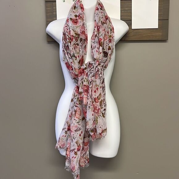 Marcus Adler New York Floral Large White Fashion Scarf with Frayed Edges- OS - Picture 2 of 14